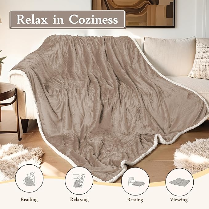 Electric Heated Blanket 72"x84" Full Size Flannel & Sherpa - 4 Heat Settings & 10H Auto Shut Off for Safe Overnight Use, Fast Heating, Machine Washable for Bed, Couch, Office - Brown