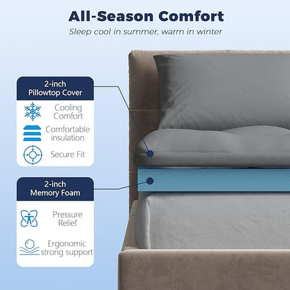 Full Size 4 Inch Memory Foam Mattress Topper,Dual Layer 2" Gel Memory Foam and 2" Mattress Pad for Back Pain Relief,Medium Support,Tencel Fabric,CertiPur-US Certified,Gray