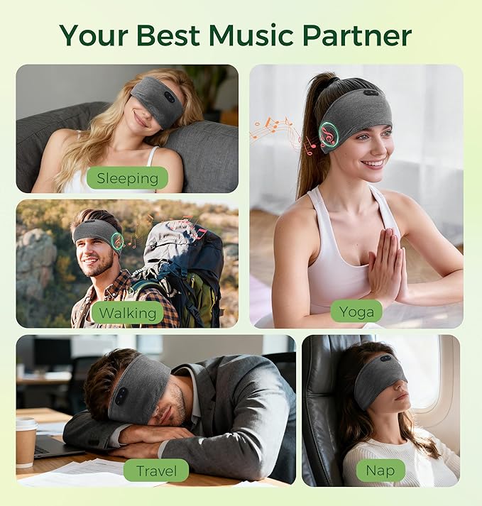Bamboo Cotton Sleep Headphones,Ultra-Soft Wireless Headband Bluetooth for Side Sleepers, with 14H Playtime & Bluetooth 6.0, 4-in-1 Music Sleep Earphones for Side Sleeping(Grey)