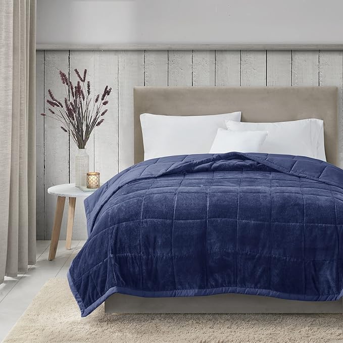 Madison Park Queen Cozy Blanket HeiQ Smart Temperature Plush to Microfiber Reverse Box Quilting, Reversible, Soft All Season, Lightweight Summer Cover, for Bed, Couch and Sofa, Full/Queen, Navy