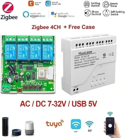 Zigbee 4CH DC7-32V USB 5V Relay Smart Switch Module,Wireless APP Remote Control with Inching/Self-Lock/Interlock modle,Works with Tuya Zigbee Gateway,Alexa,Google Home (Required ZigBee Hub)
