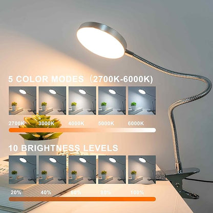 Clip-on Lamp Reading Light - 5 Color Modes, 10 Brightness Levels, 8W, 66 LED, Eye-Caring Metal Clamp Light with Gooseneck for Bed, Headboard, Desk, Video Conferencing, Makeup