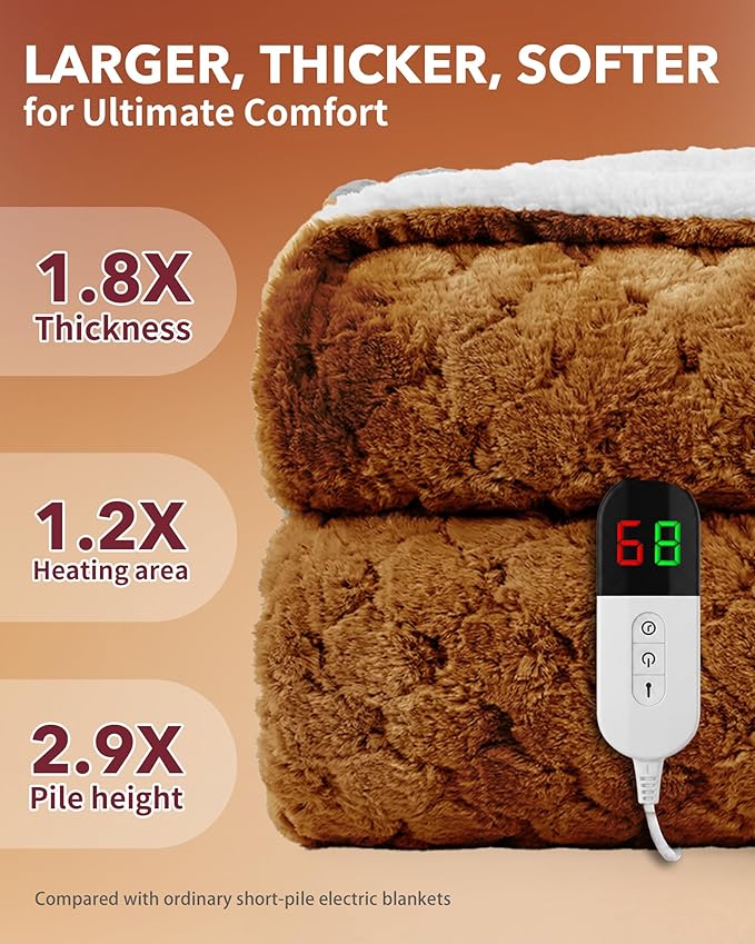Homemate Electric Heated Throw Blanket - 50"x60" Luxury Faux Fur Heating Bed Blankets with 10 Heating Levels 8 Hours Auto Off Fast Heating Over-Heated Protection Ultra Soft Warm Flannel ETL Certified