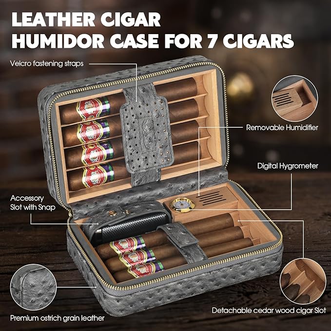 Scotte Cigar Humidor Box, Cigar Lighter Cedar Wood Lined Leather Cigar Case Built in Hygrometer & Humidifier, Torch Lighter with Cigar Holder Cigar Punch Portable Travel Cigar Humidor Kit (Grey)