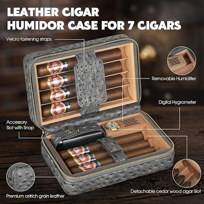 Scotte Cigar Humidor Box, Cigar Lighter Cedar Wood Lined Leather Cigar Case Built in Hygrometer & Humidifier, Torch Lighter with Cigar Holder Cigar Punch Portable Travel Cigar Humidor Kit (Grey)