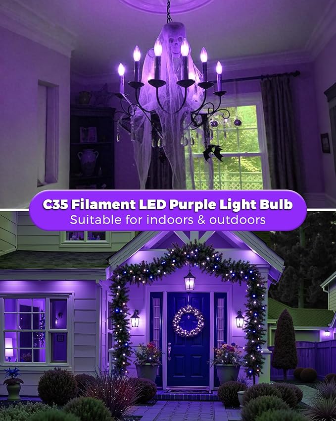 Flaspar 3 Pack E12 LED Purple Light Bulbs, E12 Filament Candelabra Bulb 4W 40W Equivalent, Vintage LED Purple Lights for Christmas Light Bulbs, Porch, Halloween Party, Black Decorative Lighting