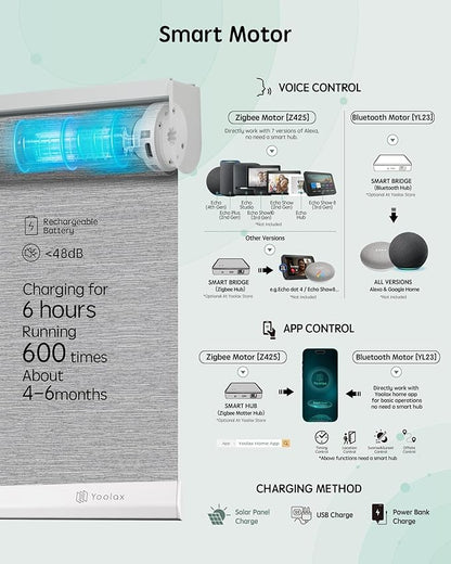 Yoolax Motorized Blinds with Remote, Smart Blinds for Windows Motorized Roller Shades, Automatic Window Shades Compatible with Alexa Custom Size (Light Filtering-Foggy Gray)