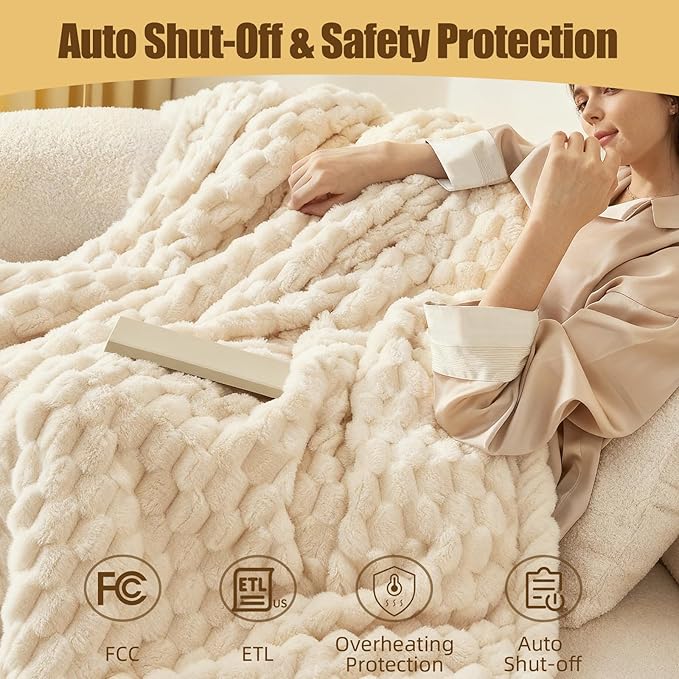 Heated Blanket Throw 50" x 60" Soft Ribbed Faux Fur Flannel Fast Heating 12 Heat Levels 1–12H Timer & Overheat Protection & Auto Shut-Off & ETL FCC & Machine Washable Heated Throw