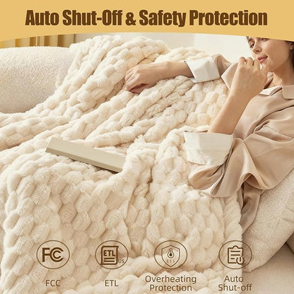 Heated Blanket Throw 50" x 60" Soft Ribbed Faux Fur Flannel Fast Heating 12 Heat Levels 1–12H Timer & Overheat Protection & Auto Shut-Off & ETL FCC & Machine Washable Heated Throw