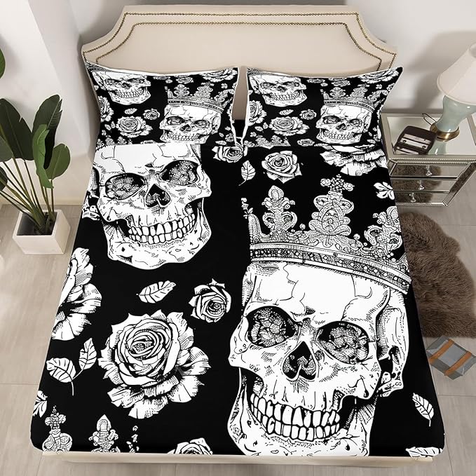 Manfei Floral Skull Kids Sheet Set Full Size, Gothic Skull Crown Flower Bed Sheet Set 4pcs (Fitted Sheet, Flat Sheet, 2 Pillowcases), Halloween Theme Bedding Set for Boys Girls Bedroom Decor