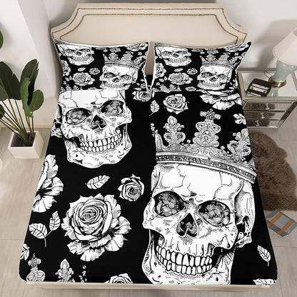 Manfei Floral Skull Kids Sheet Set Full Size, Gothic Skull Crown Flower Bed Sheet Set 4pcs (Fitted Sheet, Flat Sheet, 2 Pillowcases), Halloween Theme Bedding Set for Boys Girls Bedroom Decor