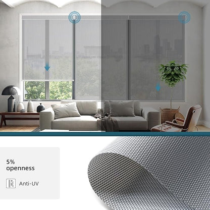 Motorized Blinds Compatible with Alexa,Google Asssitant,Homekit Over Thead,5% Openness Solar Shades for Window, Smart Shades with Remote, APP/Voice Control,Custom Size,Aventus White Grey