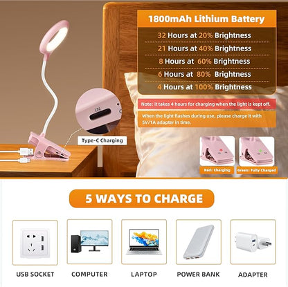 Desk Lamp LED Clip on Light, 5 Modes 5 Brightness Dimmable Clamp Light, Rechargeable Battery Flexible Clip on Reading Lamp for Bed Headboard Bunk Bed at Night for Kids (Pink)