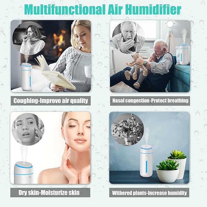 Small Humidifiers for Bedroom Nightstand Room 400ML USB Humidifer Plant Cool Mist Humidifier Easy Clean Travel Mini Portable Personal Desk Car Quiet Auto Shut-off Air Humidifier with Led Lights