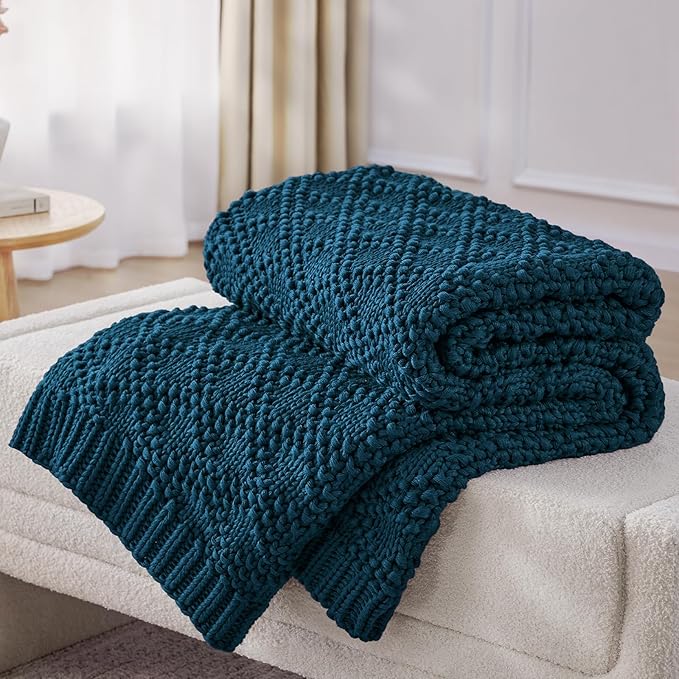 Knitted Weighted Blanket for Adult, Chunky Knit Weighted Throw for Sleep 50"*60" 7lbs, Cooling Breathable Heavy Blanket for Hot Sleepers, Machine Washable Blanket for Room Decor(Peacock)