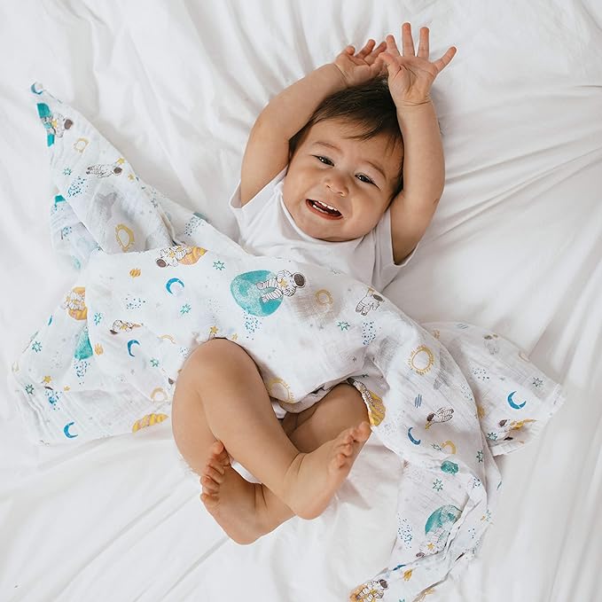 aden + anais Essentials Swaddle Blanket, Boutique Muslin Blankets for Girls & Boys, Baby Receiving Swaddles, Ideal Newborn & Infant Swaddling Set, Perfect Shower Gifts, 4 Pack, Space Explorers