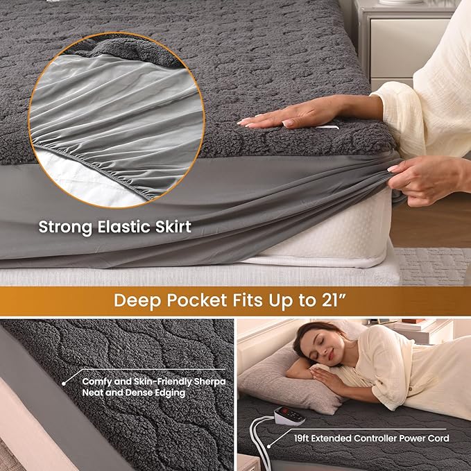 Bearhug Electric Heated Mattress Pads Full Size 54”×75” Sherpa Bed Warmer with 21” Deep Pocket 10 Heat Settings 12-Hour Timer Machine Washable Gray