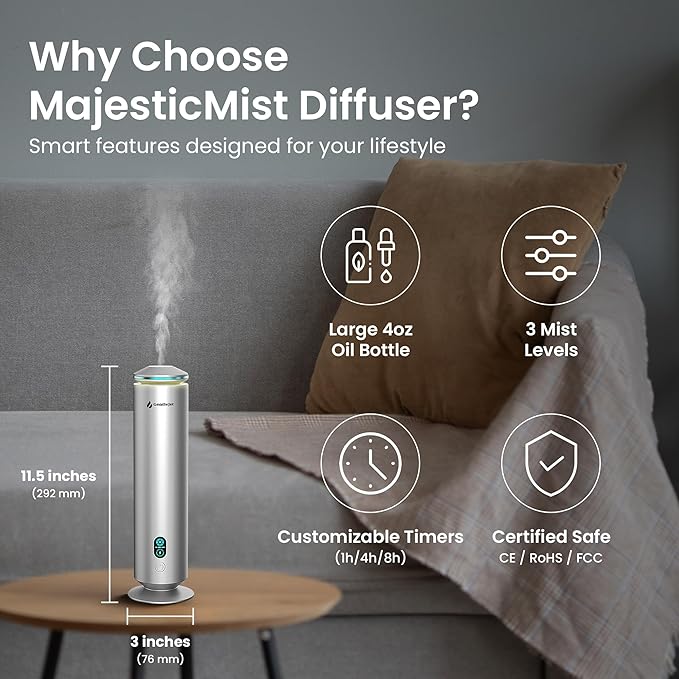 MajesticMist WiFi Waterless Essential Oil Diffuser, Aluminum Cold-Air Aroma Diffuser for Large Rooms up to 1000 sq ft, App & Remote Control, 4oz, USB-C Plug-in, Quiet, LED Display