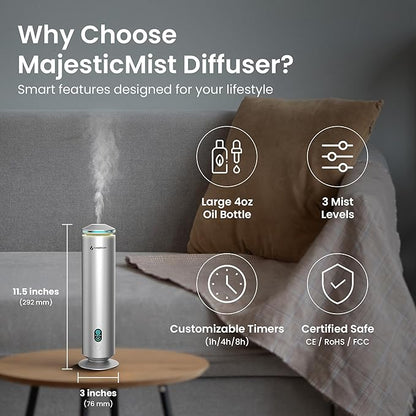 MajesticMist WiFi Waterless Essential Oil Diffuser, Aluminum Cold-Air Aroma Diffuser for Large Rooms up to 1000 sq ft, App & Remote Control, 4oz, USB-C Plug-in, Quiet, LED Display