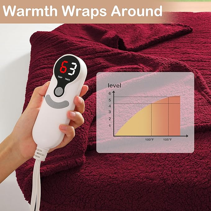 Electric Heated Blanket Throw Size 50"×60" with 9 Heating Levels & 1-10 Hs auto Off, Heating Throw Double Sided Sherpa, Energy Efficient, Machine Washable, for Couch & Office, Red