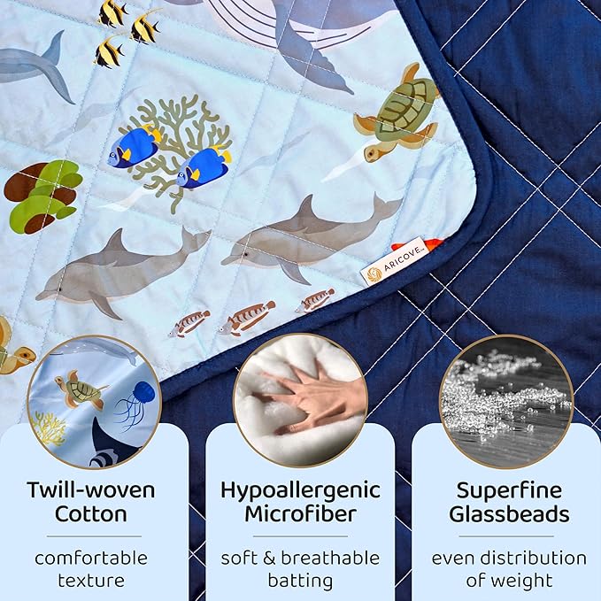 Aricove Kids Weighted Blanket, 5 lb, 36x48 inches, Small Size, Soft Cotton, Machine Washable, Blue/Ocean Animals
