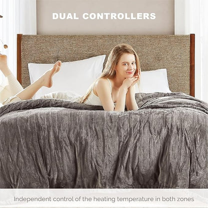 Degrees of Comfort King Electric Blanket with Dual Controls, Large Fleece Heated Blanket for Bed, Auto Shut Off, Machine Washable -Grey, 100Wx90L