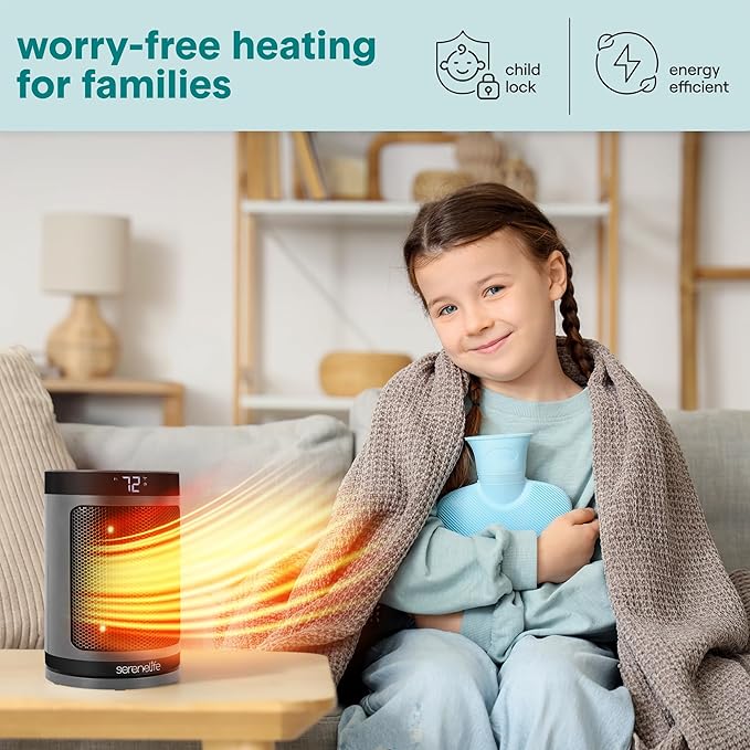SereneLife Portable Space Heater – 1500W PTC Ceramic Electric Heater with Thermostat, Remote, 12-Hour Timer, 3 Heating Modes, Oscillation, Safe & Quiet for Home, Office, Bedroom (Gray)