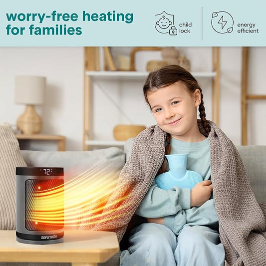 SereneLife Portable Space Heater – 1500W PTC Ceramic Electric Heater with Thermostat, Remote, 12-Hour Timer, 3 Heating Modes, Oscillation, Safe & Quiet for Home, Office, Bedroom (Gray)