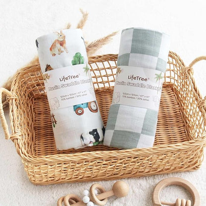 LifeTree Muslin Swaddle Blankets, Farm Animals Baby Swaddling Wrap Nursery Receiving Blanket for Boys & Girls, Soft 70% Viscose from Bamboo and 30% Cotton, Large 47 x 47 inches