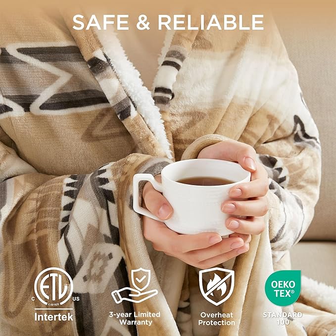 Woolrich Heated Throw Blanket with Ultra Soft Plush and Sherpa Reverse, 12 Heat Settings, Auto Shut-Off, Boho Farmhouse & English Country Gift Throw – Aztec Pattern, 50"x60"