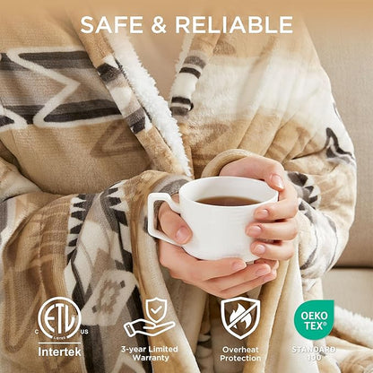 Woolrich Heated Throw Blanket with Ultra Soft Plush and Sherpa Reverse, 12 Heat Settings, Auto Shut-Off, Boho Farmhouse & English Country Gift Throw – Aztec Pattern, 50"x60"