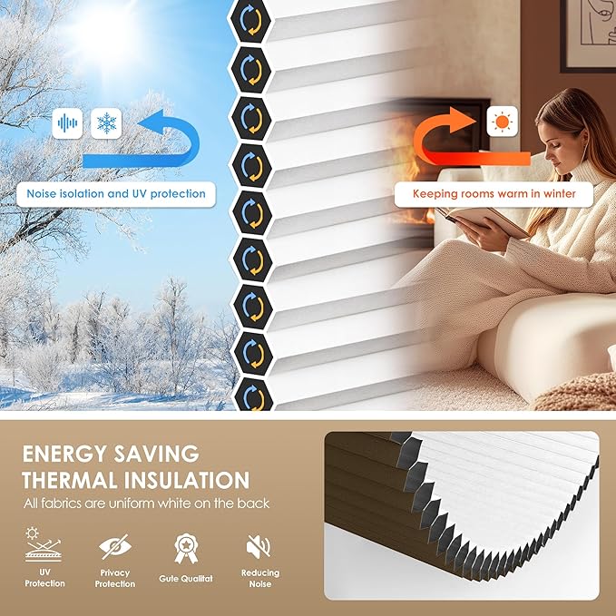 LazBlinds No Tools No Drill Cordless Cellular Shades, Blackout Light Blocking Honeycomb Shades for Home, Thermal Insulation Blinds for Windows, 31" W x 48" H, Dark Coffee