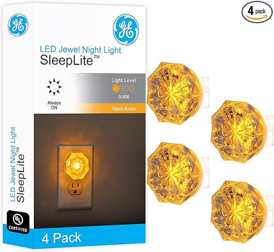 GE SleepLite Jewel LED Night Light, Plug-in, Always On, Amber, UL-Certified, Energy Efficient, Ideal Nightlight for Bedroom, Bathroom, Nursery, Hallway, Kitchen, 85881, 4 Pack