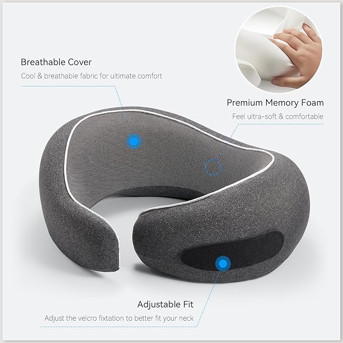 Travel Pillow, 100% Pure Memory Foam Neck Pillow for Airplanes, Comfortable Breathable Cover, Travel Essentials for Plane, Car, Train and Home, Light Green