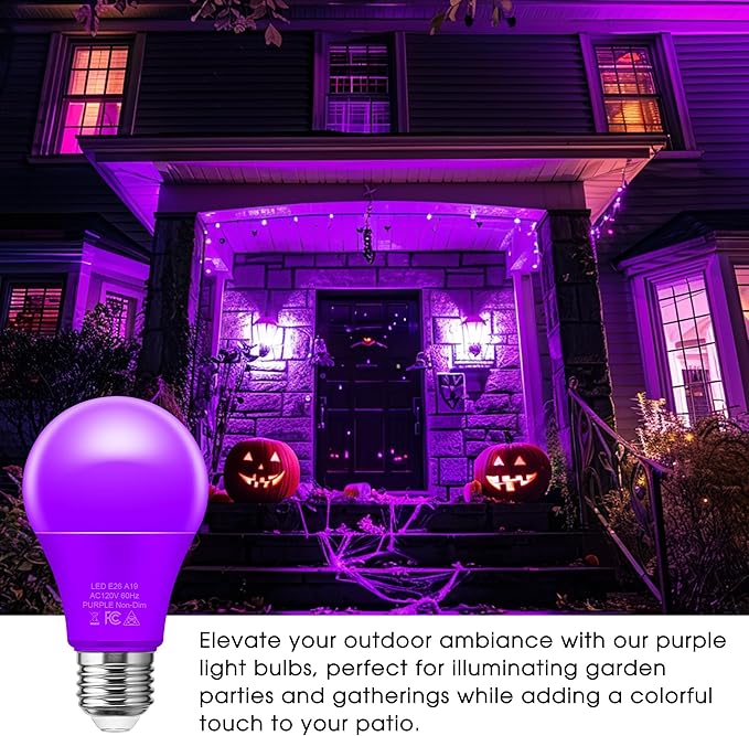 Briignite Purple Light Bulbs [2 Pack], A19 LED Purple Bulb Outdoor, Halloween Light Bulbs, 9W (60 Watt Equivalent) - E26 Porch Light Christmas Party Home Holiday Decor