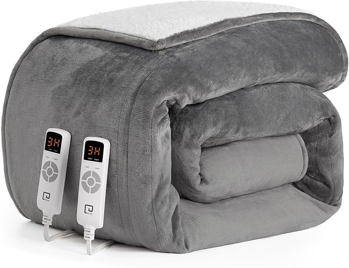 EHEYCIGA Heated Blanket Electric Blanket Queen Size - Heating Blanket with 5 Heating Levels & 10 Hours Auto Off, Soft Cozy Sherpa Washable Dual Control Blanket with Fast Heating, 84 x 90 Inches, Grey