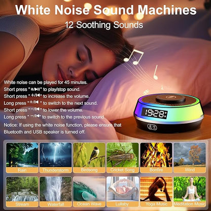 Wireless Charger Alarm Clock for Bedroom, 5W Bluetooth Speaker, 12 Soothing Sounds Machine, Dual Alarms, RGB Light, Ideal Gift for Heavy Sleepers, Adults, Teens, Kids, Senior(Black)
