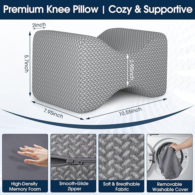 BlissTrends Memory Foam Knee Pillow, Knee Pillow for Side Sleepers, Leg Pillows for Sleeping Blood Circulation, Elevation Pillow for Spine Aligning, Sciatica, Back, Hip, Knee, Ankle Pain, Grey