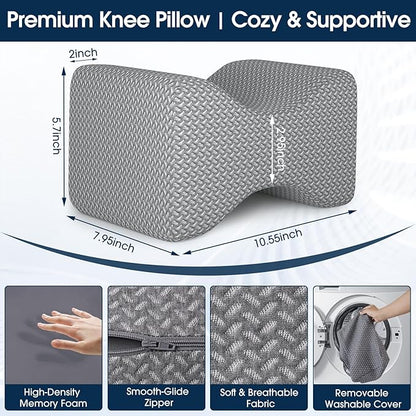 BlissTrends Memory Foam Knee Pillow, Knee Pillow for Side Sleepers, Leg Pillows for Sleeping Blood Circulation, Elevation Pillow for Spine Aligning, Sciatica, Back, Hip, Knee, Ankle Pain, Grey