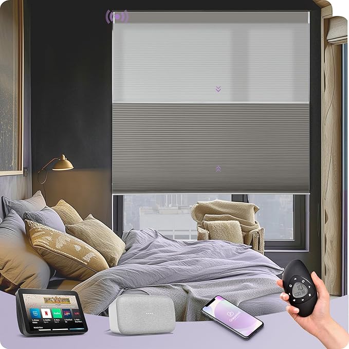 Graywind Motorized Day Night Cellular Shades with Remote, Smart Honeycomb Blinds Compatible with Alexa & Google Home, Custom Size Blackout/Privacy for Bedroom, Living Room & Home Office, Dark Grey