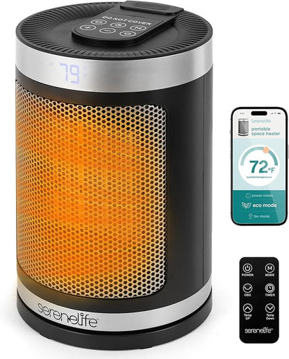SereneLife Smart Space Heater – 1500W Indoor Electric Heater with Thermostat, Remote Control, 12-Hour Timer, Wi-Fi Enabled PTC Ceramic Heating for Home and Office, Black (5.9" x 5.9" x 9.5")