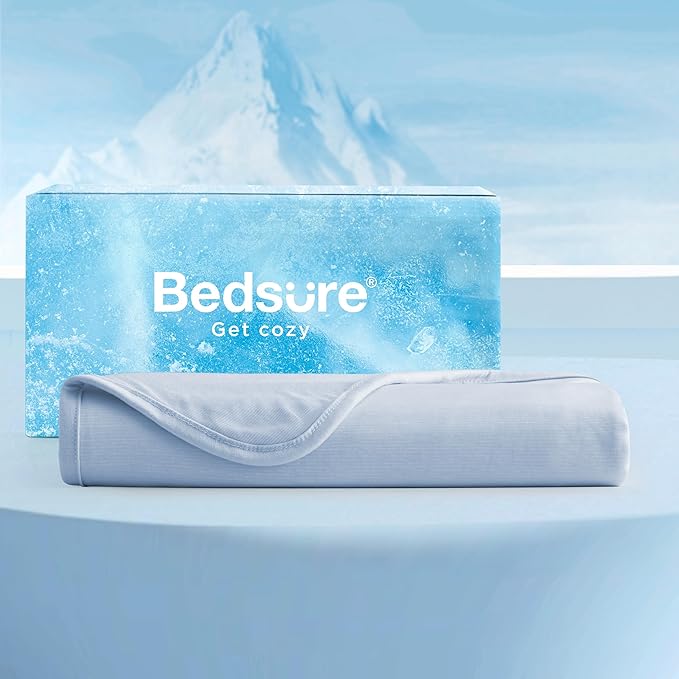 Bedsure Light Blue Cooling Blanket Queen Size for Hot Sleepers - Summer Cold Blanket for Queen Size Bed with Rayon Derived from Bamboo, Ice Cool Cold Arc-Chill Thin Summer Bedding Essentials, 90x90