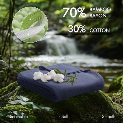 Madison Park Queen Size Blanket, 70% Rayon Bamboo-Based, 30% Cotton, Breathable for Hot Sleepers Menopause, Ultra Soft and Snag-Resistant, Summer Blanket for Bed or Couch, Queen 90"x90" Navy