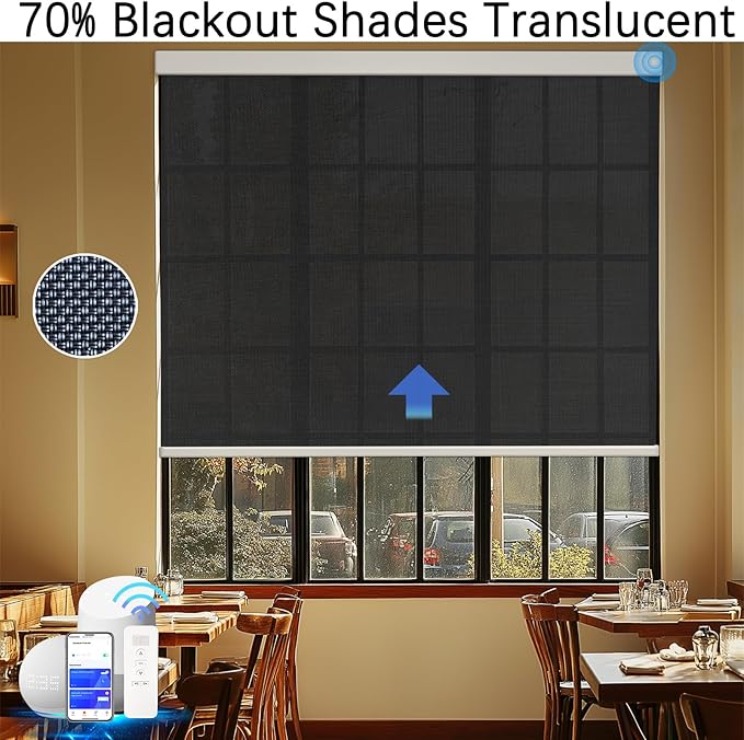 Motorized Blinds with Remote Cordless Automatic Motorized Shades Custom Blinds for Windows Smart Curtains Compatible with Alexa Google Home(3% Solar Black,W44 x H72in)