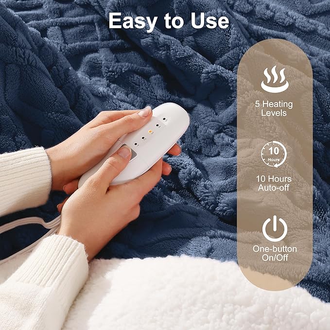 Electric Blanket Twin Heated Blanket 62''X84'' with 5 Heating Levels & 10 Hours Auto Off, ETL& FCC Certification Dual Sherpa Twin Heating Blanket Washable for Home/Office/Bed, Great Gift(Navy Blue)