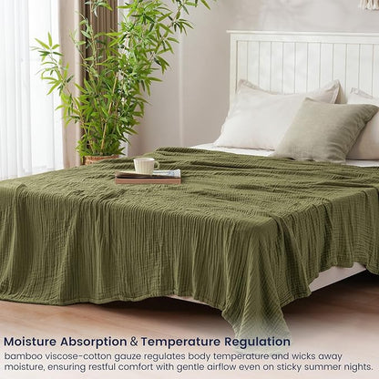 PHF Cooling Muslin King Blanket for Hot Sleepers, 60% Viscose from Bamboo, 40% Cotton and 4-Layer Breathable Gauze Blanket for Bed Couch, 108"x90", Olive Green