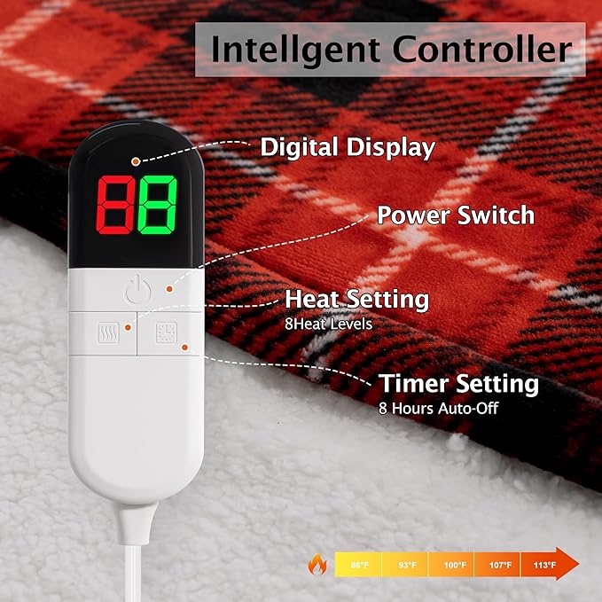 Red Christmas Electric Heated Blanket 84"x90", Fast Heating Queen with 8 Hours Auto Off/8 Heats Levels, Soft Plaid Sherpa with ETL Certification, Gift for Women Adults Keep Warm in Home Office