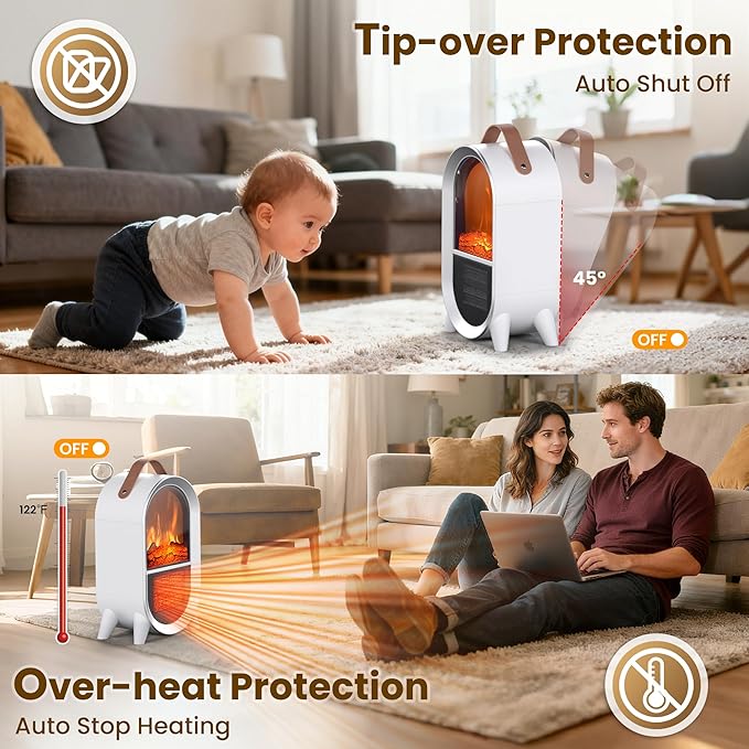 Portable Electric Fireplace Heater, 1500W/750W Mini Space Heater for Indoor Use with 3D Flame, Thermostat, Carry Handle, Overheat & Tipover Protection, for Home Office Bedroom Desk, White