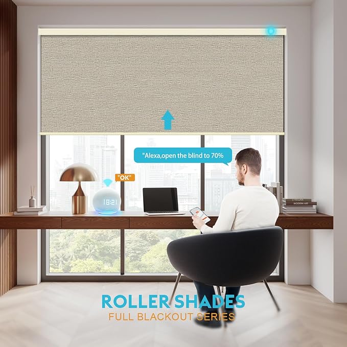 Motorized Blinds with Remote, 100% Blackout Smart Blind Roller Shades Compatible with Alexa Homekit, Automatic Electric Shades for Windows Customized Size（Elegant-Cream）