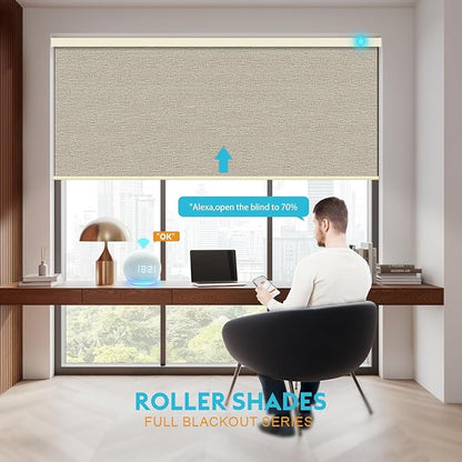 Motorized Blinds with Remote, 100% Blackout Smart Blind Roller Shades Compatible with Alexa Homekit, Automatic Electric Shades for Windows Customized Size（Elegant-Cream）